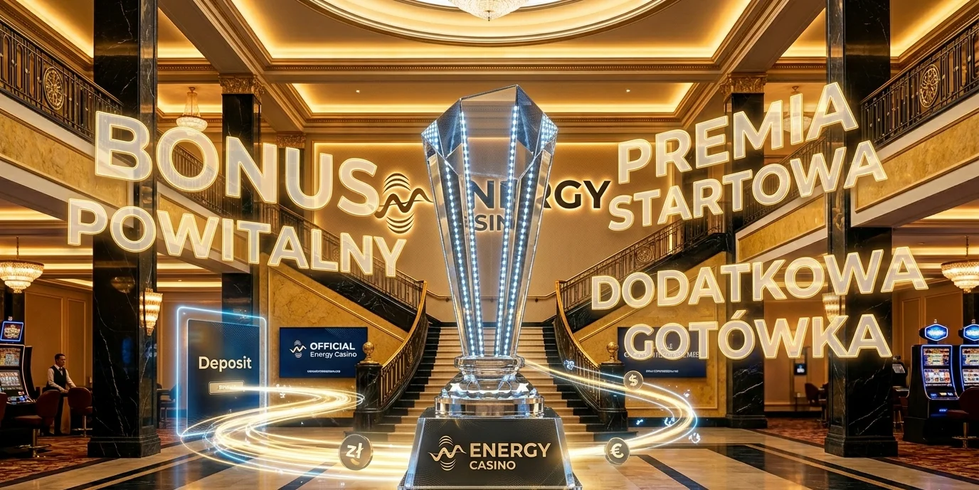 Baner bonusu powitalnego Energy Casino z trofeami i mnożnikiem 2x